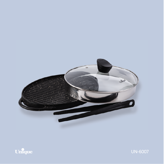 تابه گریل شکل گرد کوچک برند یونیک Unique کد UN-6007 جنس چدنی گرانیتی بدون چوب