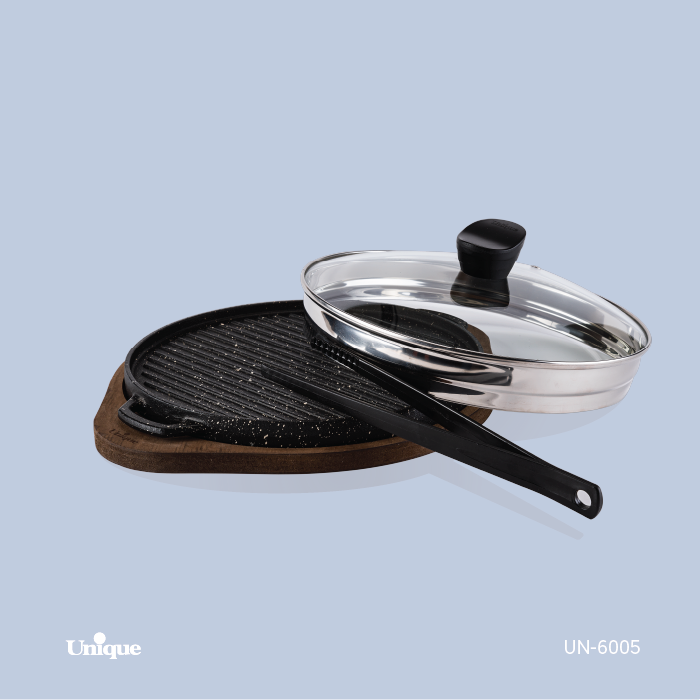 تابه گریل شکل گرد کوچک برند یونیک Unique کد UN-6005 جنس چدنی گرانیتی با چوب و انبر