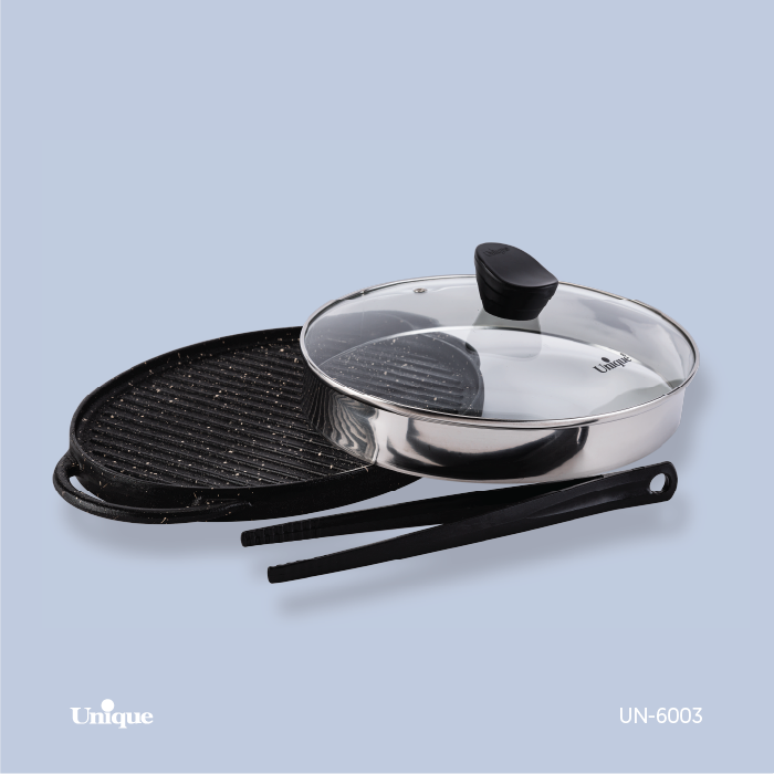 تابه گریل شکل گرد بزرگ برند یونیک Unique کد UN-6003 جنس چدنی گرانیتی بدون چوب با انبر