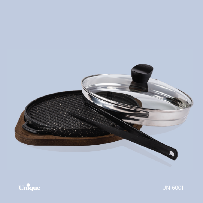تابه گریل شکل گرد بزرگ برند یونیک Unique کد UN-6001 جنس چدنی گرانیتی با چوب