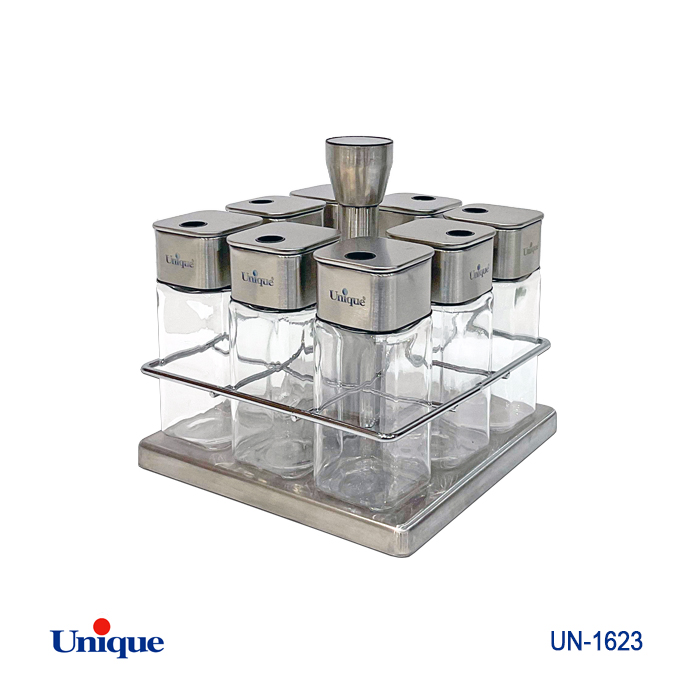 ست ادویه 8 تایی شیشه ای برند یونیک Unique کد UN-1623 مدل پایه هلالی مربعی استیل