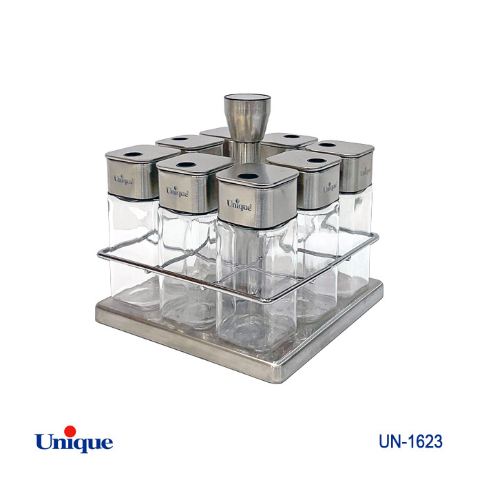 ست ادویه 8 تایی شیشه ای برند یونیک Unique کد UN-1623 مدل پایه هلالی مربعی استیل