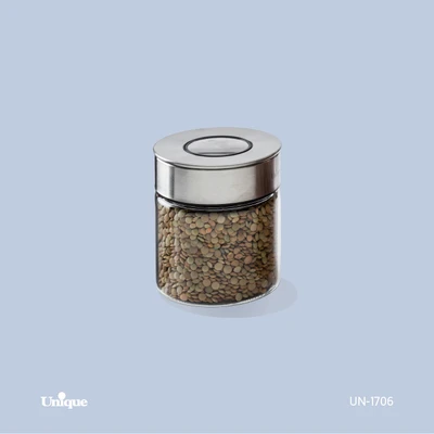 بانکه شیشه ای 10 سانتی برند یونیک Unique کد UN-1706 درب استیل