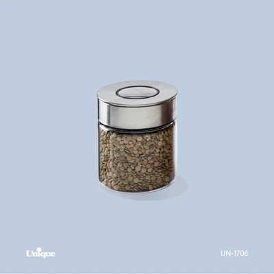 بانکه شیشه ای 10 سانتی برند یونیک Unique کد UN-1706 درب استیل