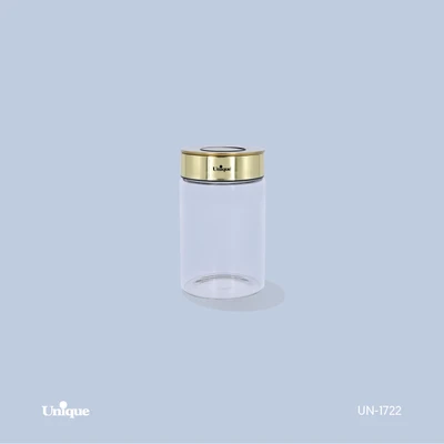 بانکه شیشه ای 15 سانتی برند یونیک Unique کد UN-1722 درب استیل رنگ طلایی