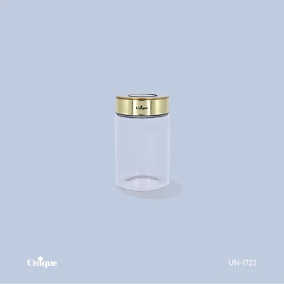 بانکه شیشه ای 15 سانتی برند یونیک Unique کد UN-1722 درب استیل رنگ طلایی