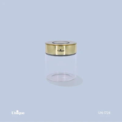 بانکه شیشه ای 10 سانتی برند یونیک Unique کد UN-1724 درب استیل رنگ طلایی