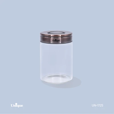 بانکه شیشه ای 9.5 سانتی برند یونیک Unique کد UN-1725 درب استیل رنگ مسی