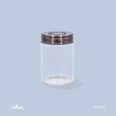 بانکه شیشه ای 9.5 سانتی برند یونیک Unique کد UN-1725 درب استیل رنگ مسی