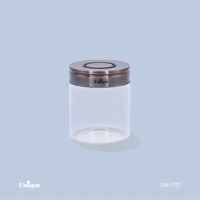 بانکه شیشه ای 7.5 سانتی برند یونیک Unique کد UN-1727 درب استیل رنگ مسی