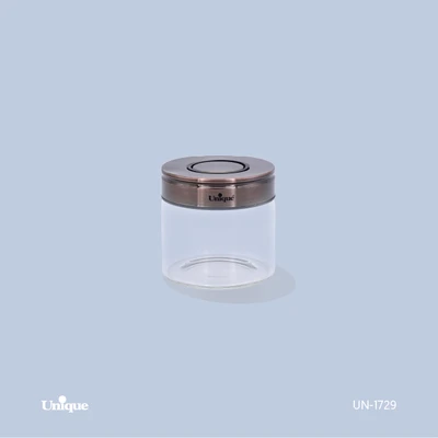 بانکه شیشه ای 6 سانتی برند یونیک Unique کد UN-1729 درب استیل رنگ مسی
