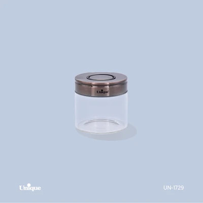 بانکه شیشه ای 6 سانتی برند یونیک Unique کد UN-1729 درب استیل رنگ مسی