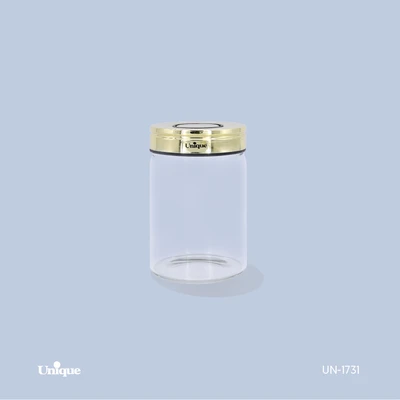 بانکه شیشه ای 9.5 سانتی برند یونیک Unique کد UN-1731 درب استیل طلایی