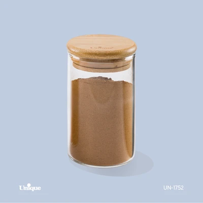 بانکه شیشه ای 9.5 سانتی برند یونیک Unique کد UN-1752 درب چوبی گرد