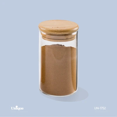 بانکه شیشه ای 9.5 سانتی برند یونیک Unique کد UN-1752 درب چوبی گرد