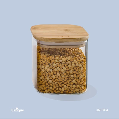 بانکه شیشه ای 10 سانتی برند یونیک Unique کد UN-1764 درب چوبی مربع