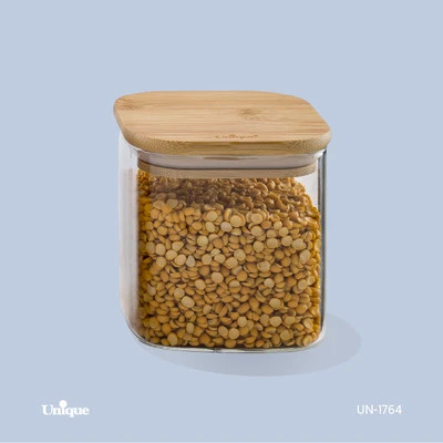 بانکه شیشه ای 10 سانتی برند یونیک Unique کد UN-1764 درب چوبی مربع