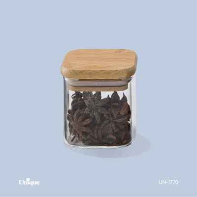بانکه شیشه ای 6 سانتی برند یونیک Unique کد UN-1770 درب چوبی مربع