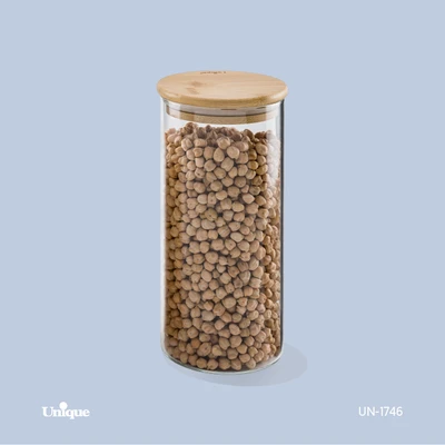بانکه حبوبات شیشه ای 20 سانتی برند یونیک Unique کد UN-1746 درب چوبی گرد
