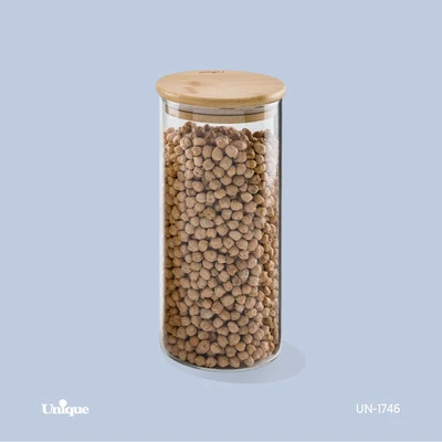 بانکه حبوبات شیشه ای 20 سانتی برند یونیک Unique کد UN-1746 درب چوبی گرد