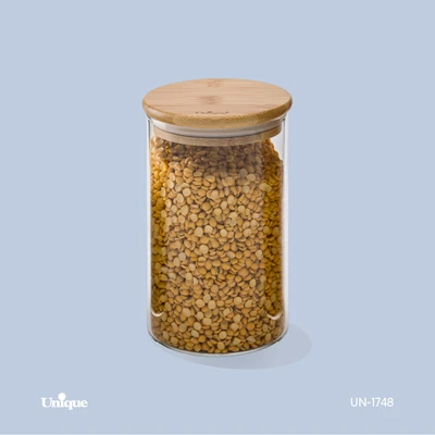 بانکه حبوبات شیشه ای 15 سانتی برند یونیک Unique کد UN-1748 درب چوبی گرد