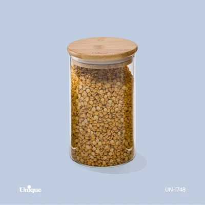 بانکه حبوبات شیشه ای 15 سانتی برند یونیک Unique کد UN-1748 درب چوبی گرد