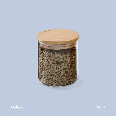 بانکه حبوبات شیشه ای 10 سانتی برند یونیک Unique کد UN-1750 درب چوبی گرد
