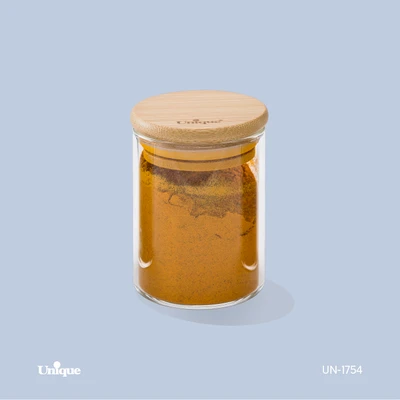 بانکه ادویه شیشه ای 6 سانتی برند یونیک Unique کد UN-1756 درب چوبی گرد