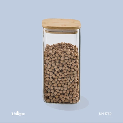 بانکه حبوبات شیشه ای 20 سانتی برند یونیک Unique کد UN-1760 درب چوبی مربع