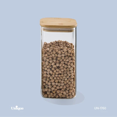 بانکه حبوبات شیشه ای 20 سانتی برند یونیک Unique کد UN-1760 درب چوبی مربع