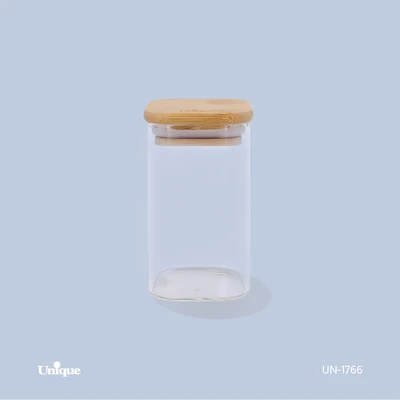 بانکه ادویه شیشه ای 10 سانتی برند یونیک Unique کد UN-1766 درب چوبی مربع