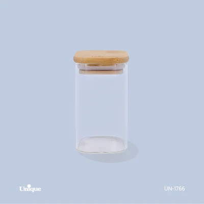 بانکه ادویه شیشه ای 10 سانتی برند یونیک Unique کد UN-1766 درب چوبی مربع