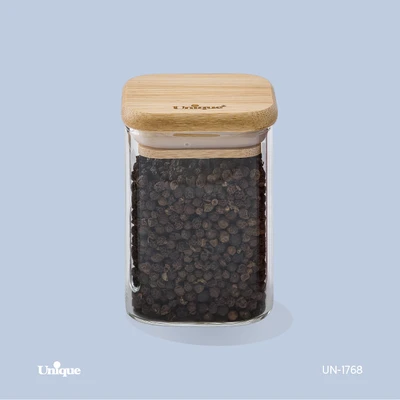 بانکه ادویه شیشه ای 8 سانتی برند یونیک Unique کد UN-1768 درب چوبی مربع