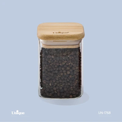 بانکه ادویه شیشه ای 8 سانتی برند یونیک Unique کد UN-1768 درب چوبی مربع