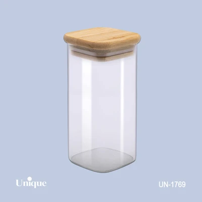 بانکه ادویه شیشه ای 12 سانتی برند یونیک Unique کد UN-1769 درب چوبی مربع