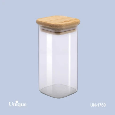بانکه ادویه شیشه ای 12 سانتی برند یونیک Unique کد UN-1769 درب چوبی مربع