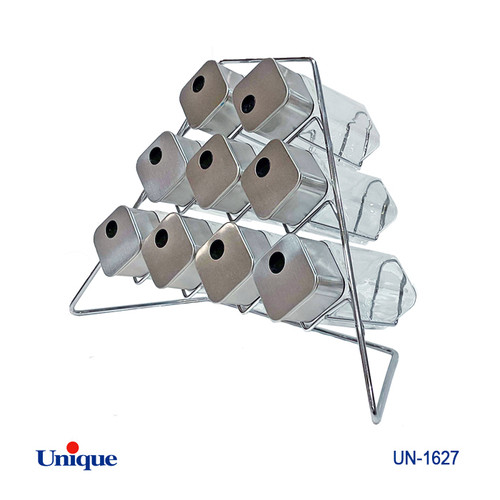 جا ادویه 9 تایی شیشه ای برند یونیک Unique کد UN-1627جنس شیشه ای پایه فلزی هرمی