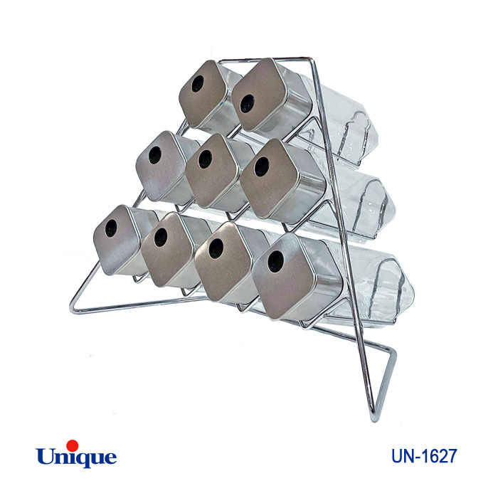 جا ادویه 9 تایی شیشه ای برند یونیک Unique کد UN-1627جنس شیشه ای پایه فلزی هرمی