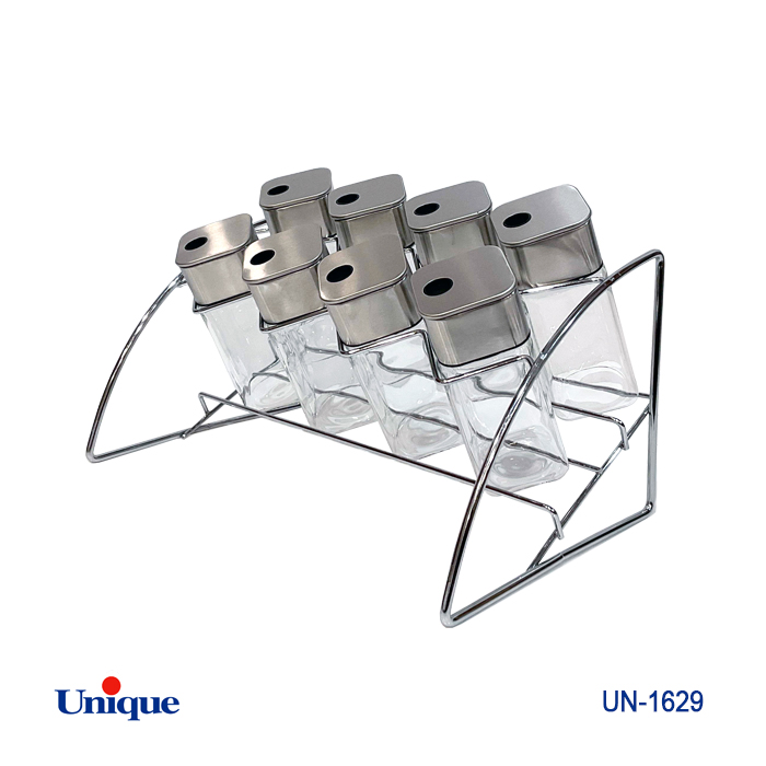 جا ادویه 8 تایی شیشه ای برند یونیک Unique کد UN-1629 جنس شیشه ای پایه فلزی هلالی