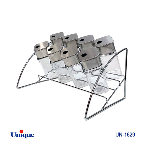 جا ادویه 8 تایی شیشه ای برند یونیک Unique کد UN-1629 جنس شیشه ای پایه فلزی هلالی