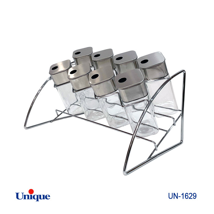جا ادویه 8 تایی شیشه ای برند یونیک Unique کد UN-1629 جنس شیشه ای پایه فلزی هلالی