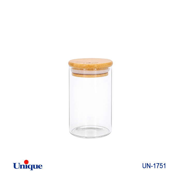 بانکه ادویه شیشه ای 12 سانتی برند یونیک Unique کد UN-1751 درب چوبی گرد