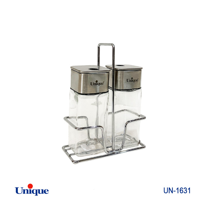 جا ادویه 2 تایی شیشه ای مربع برند یونیک Unique کد UN-1631 پایه فلزی مدل رستورانی