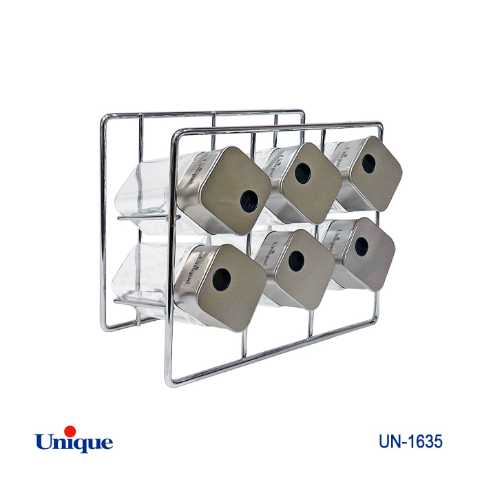 ست ادویه 6 تایی شیشه ای برند یونیک Unique کد UN-1635 مدل مربع پایه مستطیلی