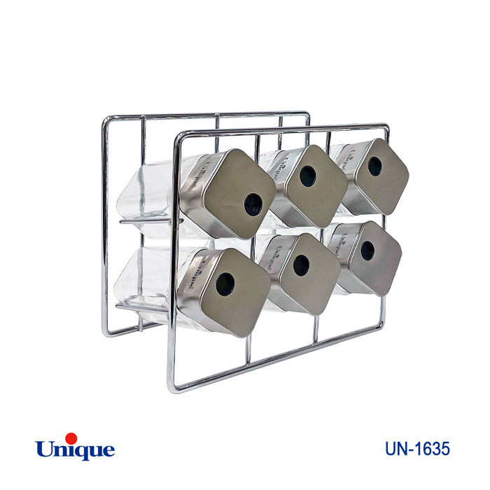 ست ادویه 6 تایی شیشه ای برند یونیک Unique کد UN-1635 مدل مربع پایه مستطیلی