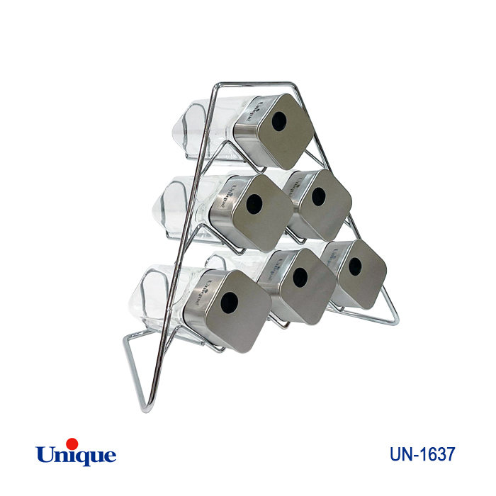 ست ادویه 6 تایی شیشه ای برند یونیک Unique کد UN-1637 مدل مربع پایه مثلثی