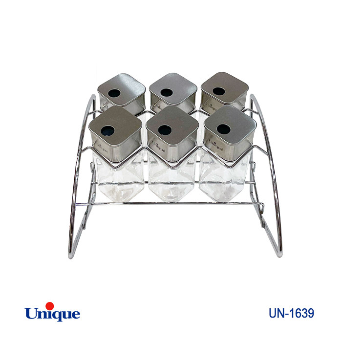 ست ادویه 6 تایی شیشه ای برند یونیک Unique کد UN-1639 مدل مربع پایه هلالی