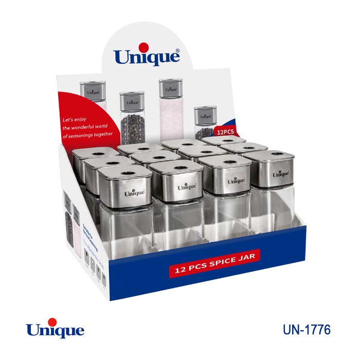 جا ادویه 12 عددی برند یونیک Unique کد UN-1776 جنس شیشه ای مربعی شکل