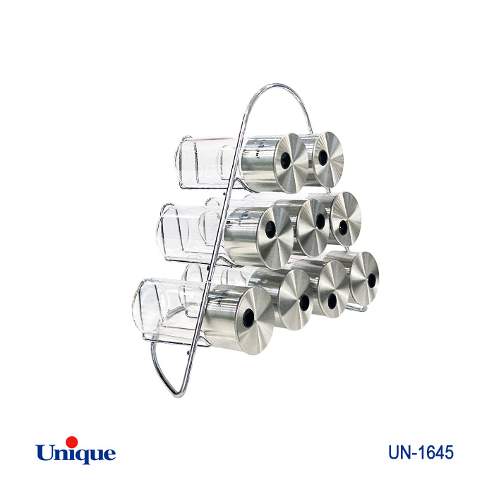 ست ادویه 9 تایی شیشه ای برند یونیک Unique کد UN-1645 مدل گرد پایه هلالی