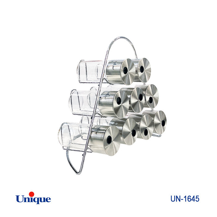 ست ادویه 9 تایی شیشه ای برند یونیک Unique کد UN-1645 مدل گرد پایه هلالی